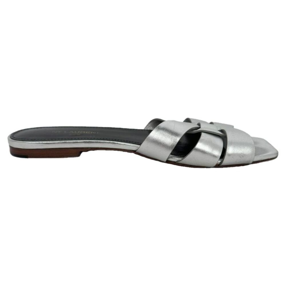 Saint Laurent Tribute Woven Metallic Slides in Silver Leather
